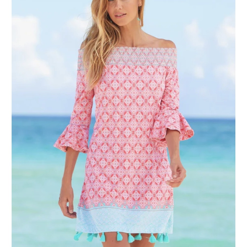Cabana Life Pink and Blue Off-Shoulder Mini Dress